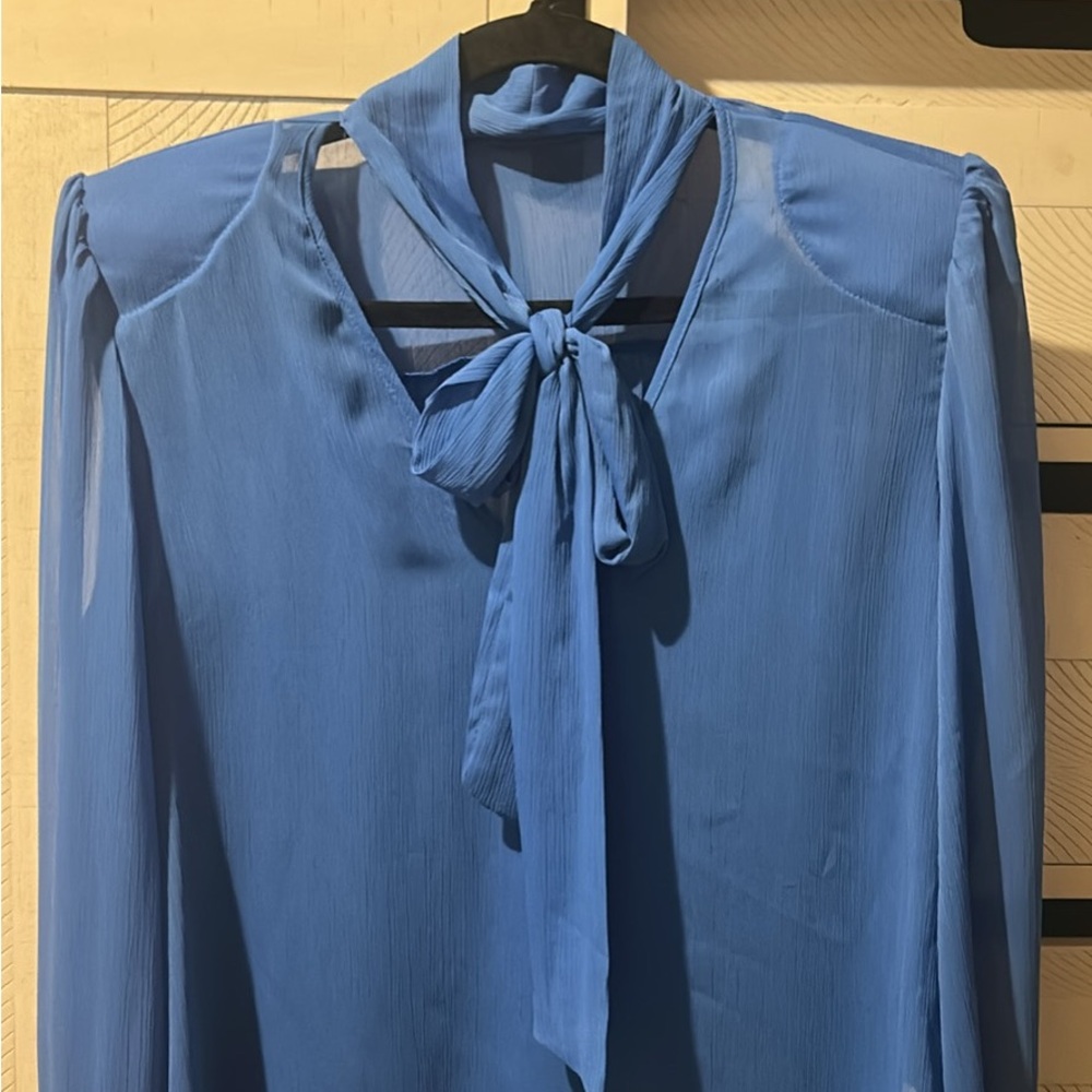 Blue Puff Sleeve Blouse with Tie Front